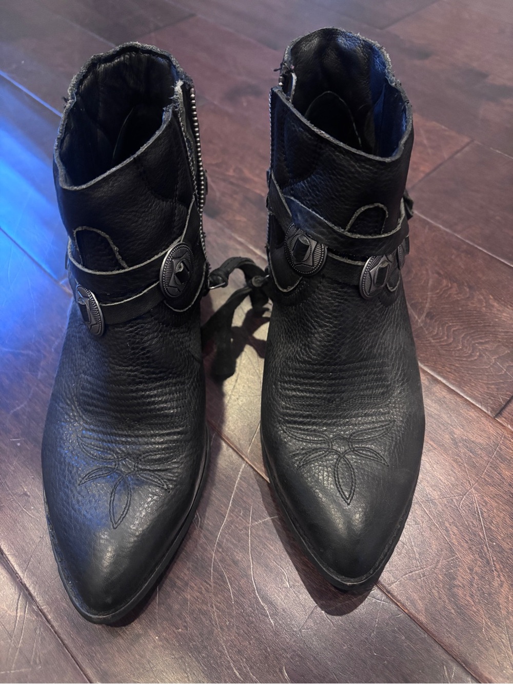 Dolce Vita Black Leather Pointed Ankle Booties with Concho Straps
